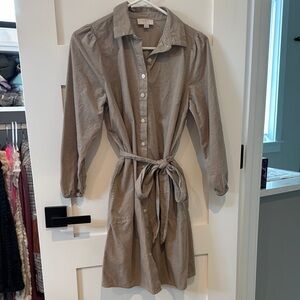 LOFT Tan Corduroy Wrap Tie Front Dress Long Puff Sleeves